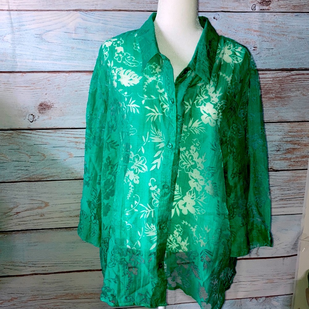 3X Salon Studio Green button down see through blouse. 3/4 sleeve.
